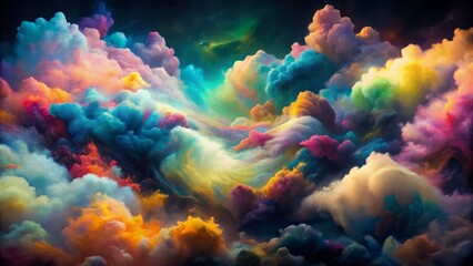 Naklejka premium Vibrant, whimsical abstract art print featuring soft, puffy aerosol clouds drifting effortlessly across a mysterious, inky black background.