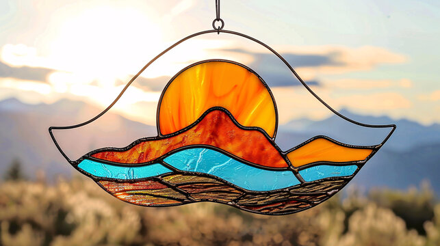 Colorful stained glass suncatcher with mountains and sun design