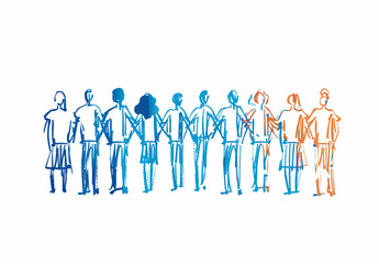 Group of ten people standing in lines with arms around, white background, blue and orange ink