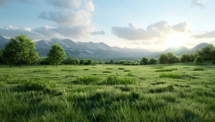 Fototapeta premium Stunning Panoramic View of Serene Countryside with Majestic Mountains and Lush Green Fields, A Breathtaking Rural Landscape
