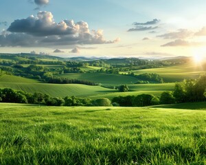 Stunning Panorama of Rolling Green Countryside at Sunset, A Picturesque Landscape with Lush Meadows and Distant Hills, Rural Charm and Tranquility, Perfect for Nature Lovers