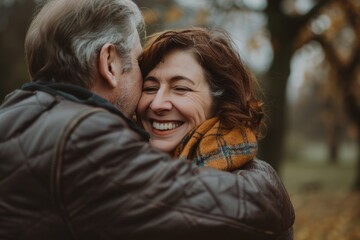 Fototapeta premium Woman, man, couple, happy, together, hug, bond, mature, middle, middle, old, park, outdoors, conversation, leisure, fun, smile, love, old, nature, wife, happiness, lifestyle, person, adult, Caucasian,