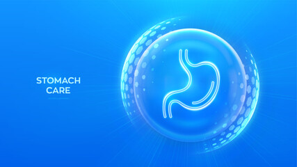 Stomach care and protection. Healthy stomach medical concept. Human stomach anatomy organ icon inside protection sphere shield with hexagon pattern on blue background. Vector illustration.