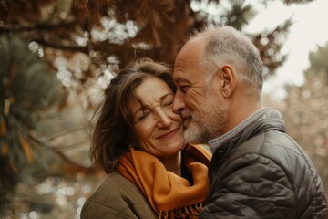 Fototapeta premium Woman, man, couple, happy, together, hug, bond, mature, middle, middle, old, park, outdoors, conversation, leisure, fun, smile, love, old, nature, wife, happiness, lifestyle, person, adult, Caucasian,