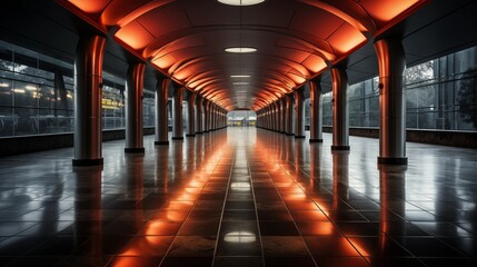 Naklejka premium A symmetrical, modern corridor highlighted with orange LED lights, featuring reflective tiles and an overall futuristic design
