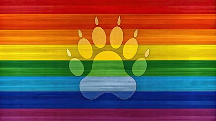 Colorful striped flag with silhouette of a bear paw print in the center, LGBTQ, pride, gay, brotherhood, community