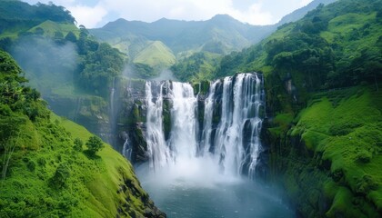 Fototapeta premium Stunning Aerial View of a Majestic Waterfall Cascading Down Lush Green Mountains, A Breathtaking Natural Wonder