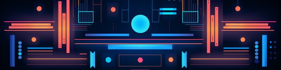 Fototapeta premium Abstract geometric shapes and patterns in bright neon colors are arranged on a black background