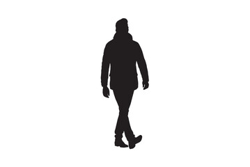 Business man walking forward in winter clothing, isolated vector silhouette
