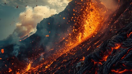 a super hot volcano eruption with magma and lava flowing with ash clouds. wallpaper background for ads, web design, print