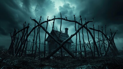 Naklejka premium Eerie and ominous shack surrounded by a spiky fence under a dark, stormy sky, evoking a sense of mystery and horror.