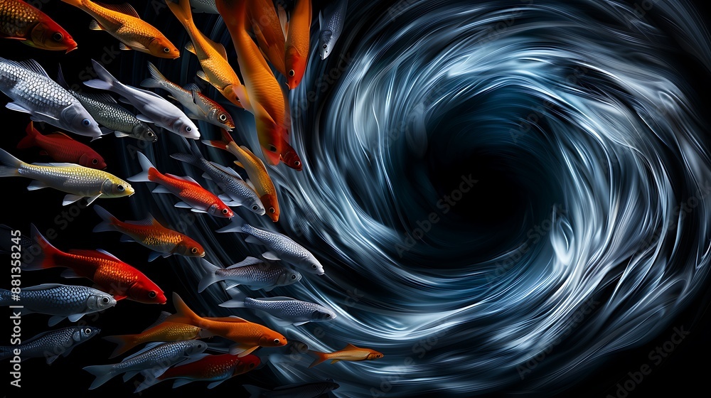 Poster a powerful underwater scene of a school of colorful fish swimming in a circular vortex, creating a m