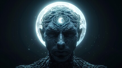 Fototapeta premium Mystical digital humanoid figure with a third eye illuminated by a bright moon, symbolizing enlightenment and technology fusion.