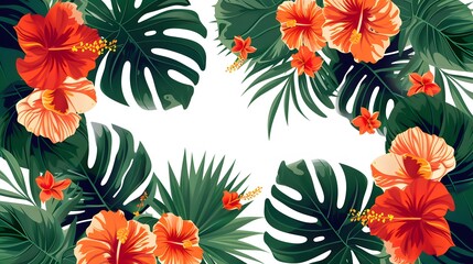 tropical leaf and flower on white background
