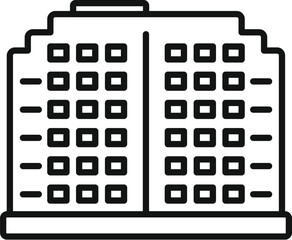 Simple black and white icon of an office building with a pixel art style