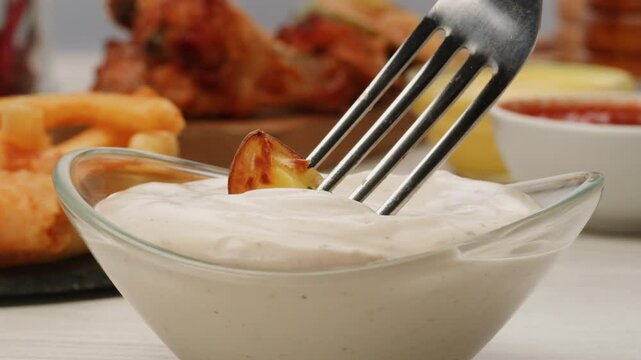 Pouring fry, grill country potato in white creamy sauce close-up. Eat potatoes with mayo, mayonnaise sauce. Fast and junk food concept.