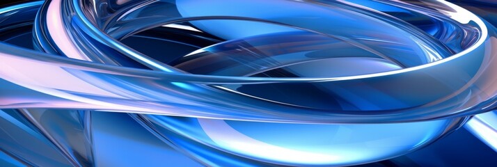 Abstract blue and white glass shapes swirl and overlap against a dark blue background