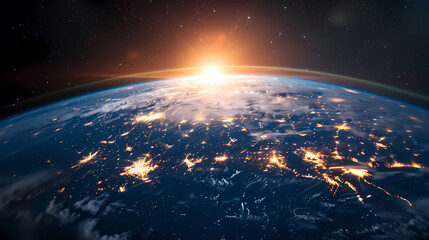 Obraz premium Earth seen from space with the sun rising above