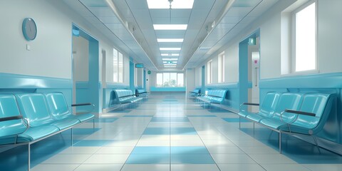 Hospital bright corridor with rooms and blue seats 3D rendering