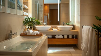 Modern bathroom with bathtub, double sinks and towels.