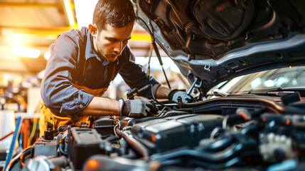 Obraz premium A car mechanic technician repairs a car in an auto repair shop, tools in hand and focused on the work. The concept of expertise, maintenance, and the essential role of mechanics in vehicle care.