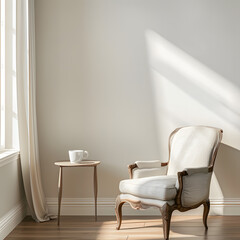 Imagine a serene, sunlit space featuring a classic armchair and a comfortable coffee table, ideal for unwinding and enjoying a good book in a beautifully styled environment