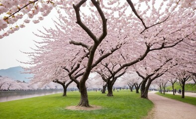 Naklejka premium Beautiful Cherry Blossom Trees in Full Bloom