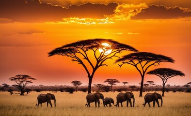 Majestic African Sunset with Elephants