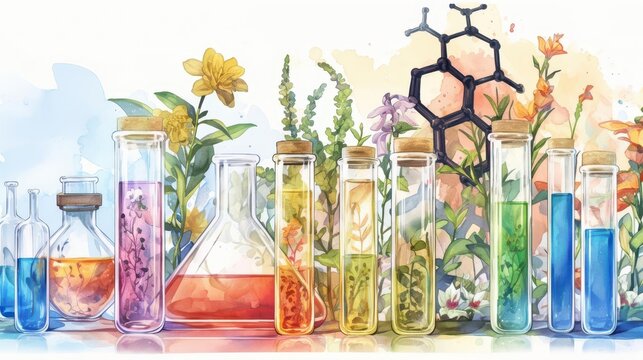 Biodegradable materials tested for enthalpy changes in lattice formations, watercolor, natural colors, sustainable chemistry