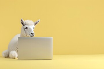 Llama working on a laptop against a bright yellow background, creating a humorous and quirky scene.