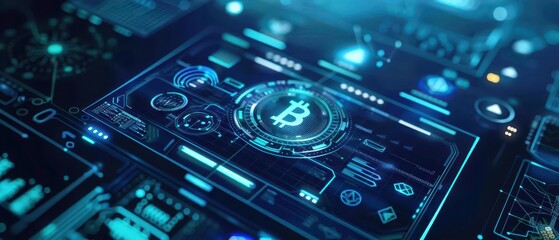 Business online transactions, blockchain elements, holographic interface, neon blue, futuristic theme