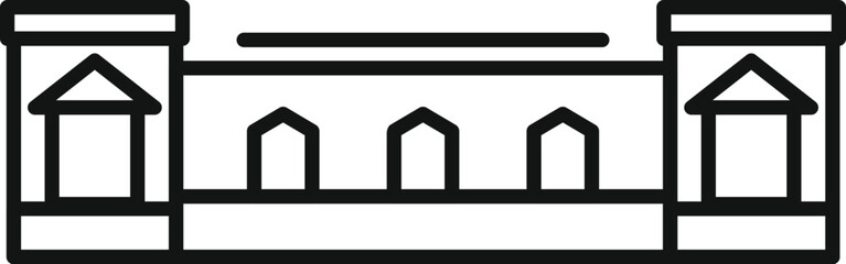 Minimalist outline icon representing a building facade with rooftops and windows