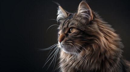 優雅なノルウェージャンフォレストキャットの顔をクローズアップした黒背景のポートレート風リアルイラスト