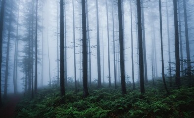 Obraz premium Mystical Forest Shrouded in Dense Fog