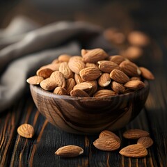 Almonds in a wooden bowl on dark wooden table