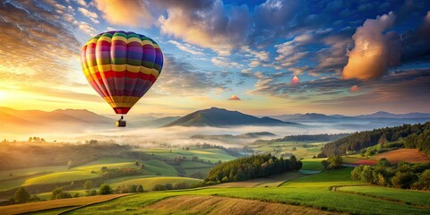 Fototapeta premium A colorful hot air balloon drifting peacefully over a beautiful landscape, adventure, floating, dreams, sky, balloon, colorful