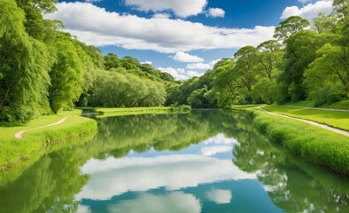 Serene River with Lush Green Reflections