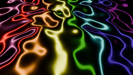 The colorful neon light on the reflective fluid surface