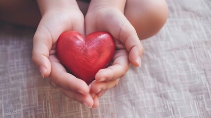 Child hands holding red heart,health care, donate and family insurance concept,world heart day, world health day, CSR responsibility, adoption foster family, hope, gratitude, kind