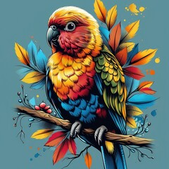 Obraz premium Colorful cute budgie, vector, white, colorful, detailed, graffiti, portrait sitting on the ground, cartoon, fantasy, shirt, icon, detailed