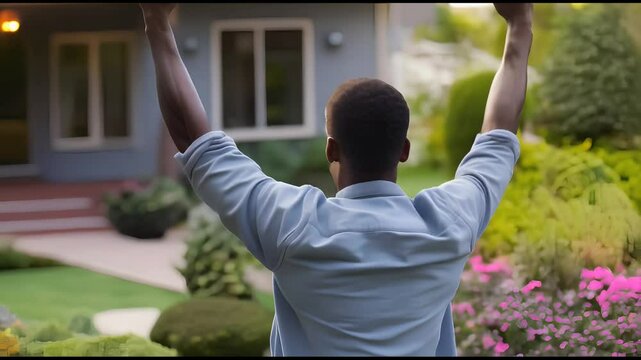 Black Man Celebrating New Home Purchase in Front Yard, Raised Arms, Daylight