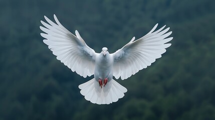 High-resolution close-up of a dove flying over a peaceful landscape, embodying the spirit of peace and tranquility.