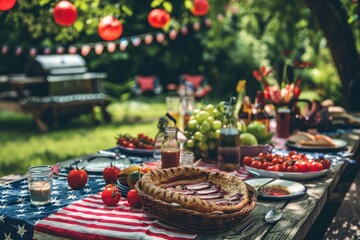 Hot Summer Barbecue: The Fourth of July Patriotic outdoor barbecue feast, generative artificial intelligence