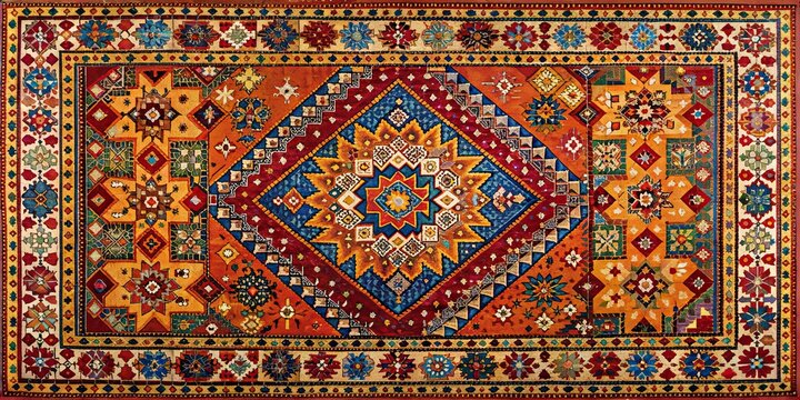 Intricately designed Moroccan carpet with vibrant colors and traditional geometric patterns, Moroccan, carpet, rug