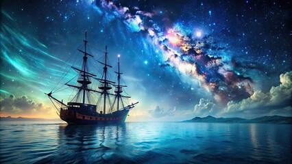 Fototapeta premium Pirate ship sailing into bioluminescence sea under a galaxy sky, pirate ship, bioluminescence, sea, galaxy, night