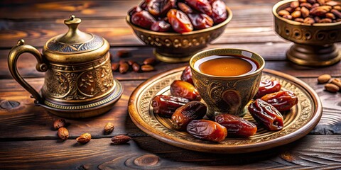 Fototapeta premium Traditional Arabic coffee served with sweet dates , Arabic, coffee, dates, Middle Eastern, culture, hospitality