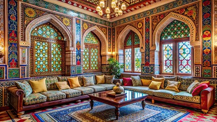 Obraz premium Traditional Arab-Islamic living room with ornate decorations and colorful patterns, Arabic, Islamic, Culture, Ornate