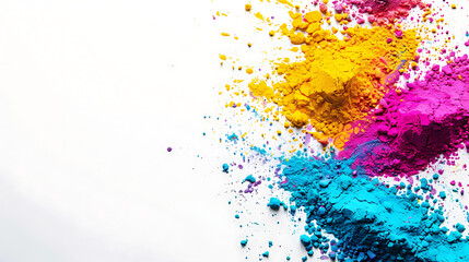 Obraz premium Holi colors powder on white background poster with copy space for text. holi 2024, hindu holi festival, Holi wallpaper, happy holi happy holi, hindu holi white poster, banner, flyer, indian holi.