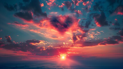 Red heart shaped sky at sunset. Beautiful love background