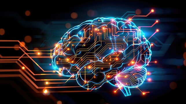 Futuristic digital brain with neural circuits representing artificial intelligence and technology innovation in a glowing abstract background.